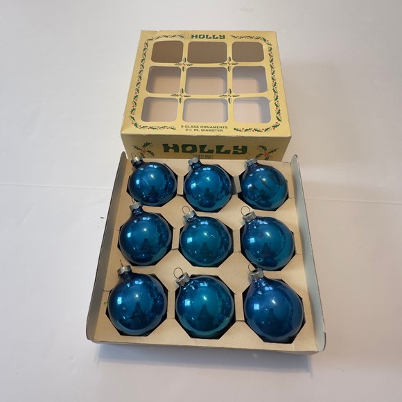 Holly Vintage Blue Glass Christmas Ornaments Set of 9 USA Made 2.25 Inch #214/9 - Picture 7 of 8